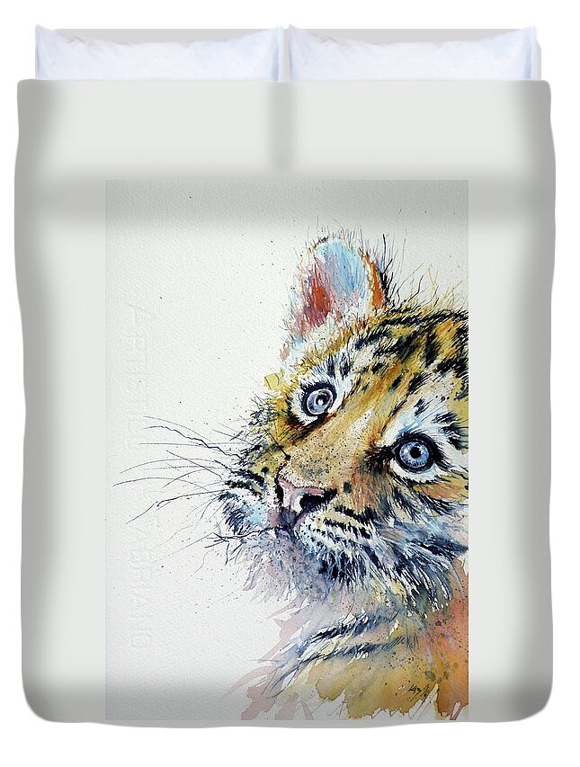 Tiger Duvet Cover featuring the painting Tiger cub by Kovacs Anna Brigitta