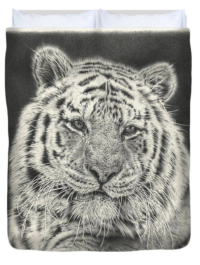 Tiger Duvet Cover featuring the drawing Tiger Drawing by Casey 'Remrov' Vormer