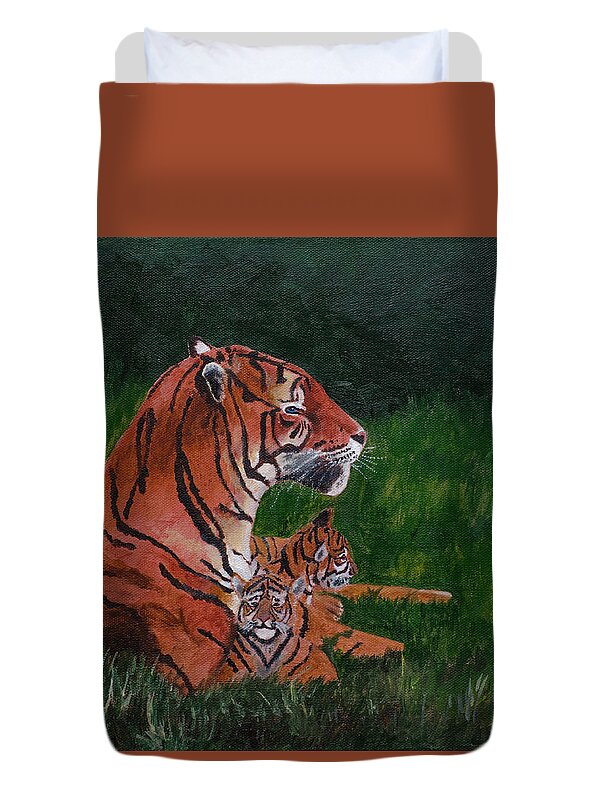 Tiger Duvet Cover featuring the painting Tiger Family by Laurel Best