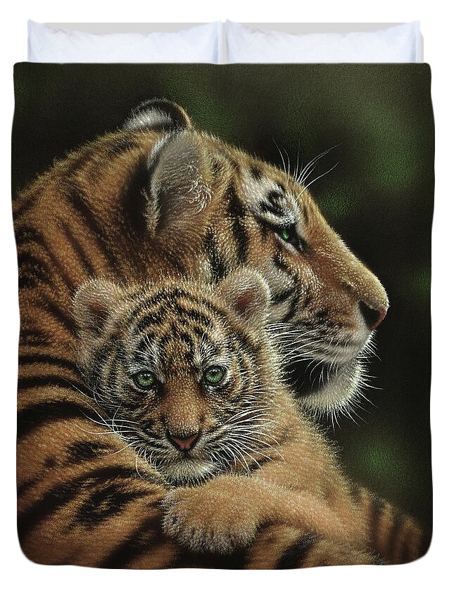Tiger Painting Duvet Cover featuring the painting Tiger Mother and Cub - Cherished by Collin Bogle