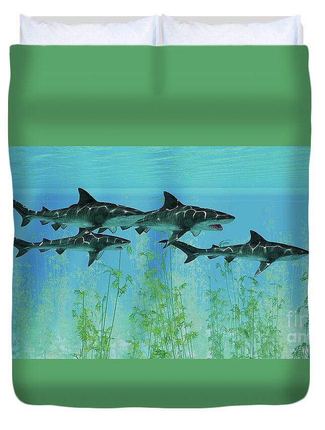 Tiger Shark Duvet Cover featuring the digital art Tiger Sharks prowl the Ocean by Corey Ford