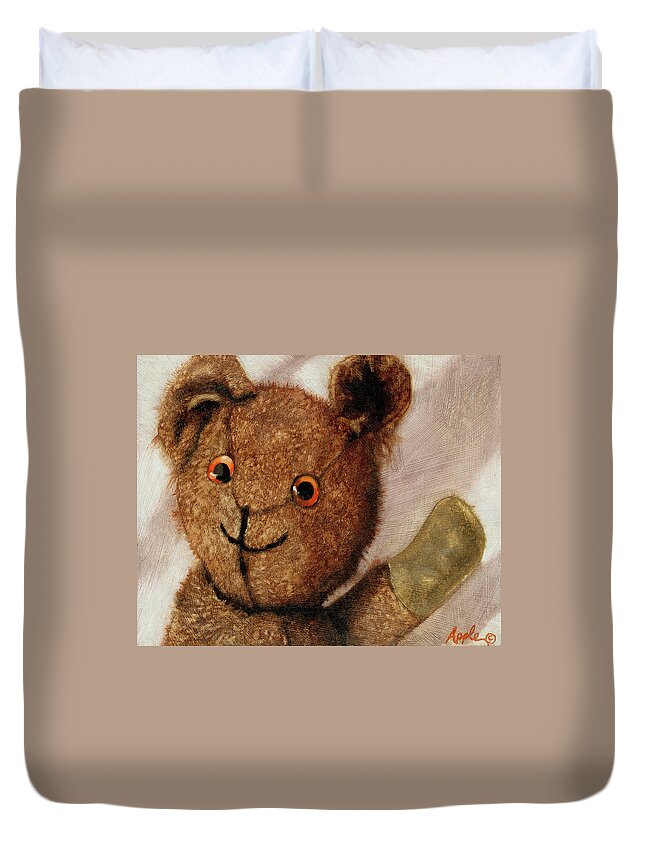 Teddy Bear Duvet Cover featuring the painting Tillie - vintage bear painting by Linda Apple