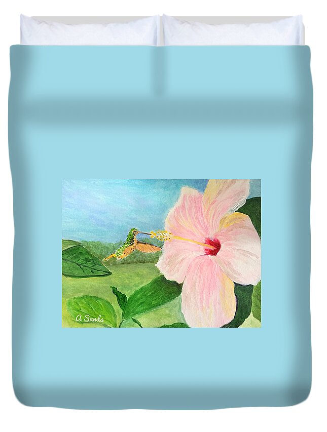 Pink Hibiscus Duvet Cover featuring the painting Time for Lunch by Anne Sands
