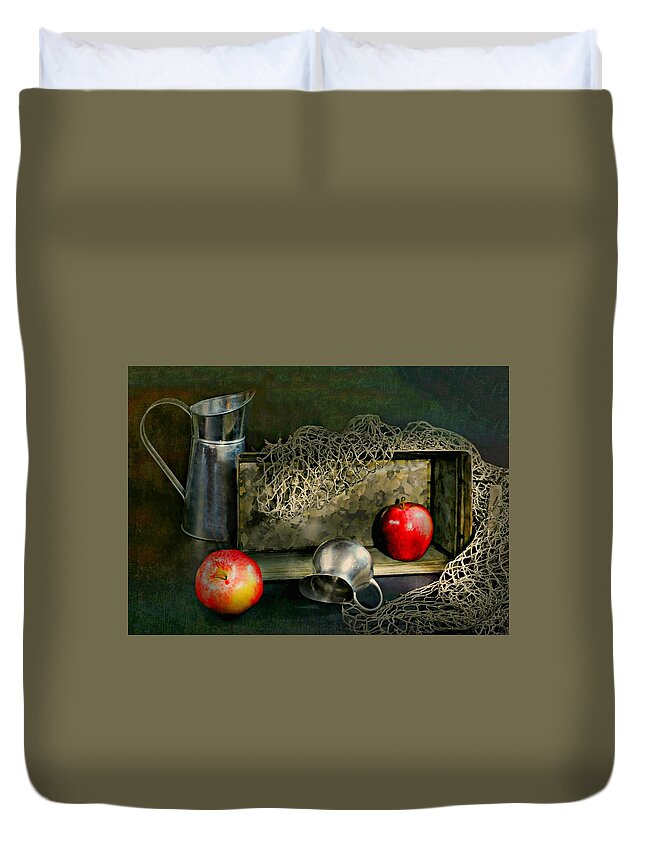 Still Life Duvet Cover featuring the photograph Tin Apples by Diana Angstadt