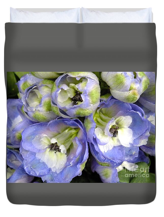 Tiny Blue Flowers Duvet Cover featuring the digital art Tiny blues by Yenni Harrison