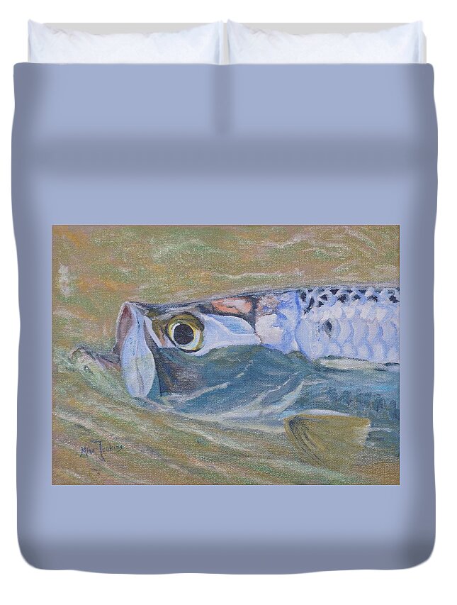 Tarpon Duvet Cover featuring the painting Tiny Tarpon by Mike Jenkins