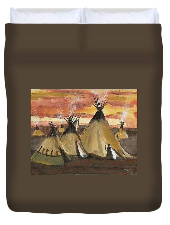 Tepee Duvet Cover featuring the painting Tepee Village by Sheila Johns