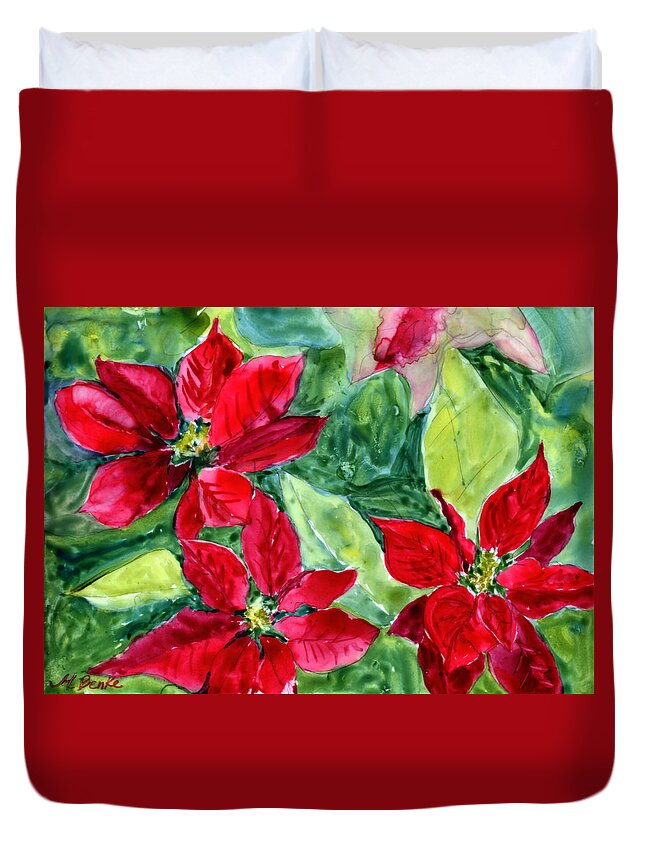 Poinsettia Duvet Cover featuring the painting 'Tis the Season by Mary Benke