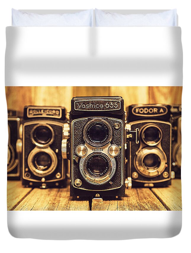 Camera Duvet Cover featuring the photograph TLR Group by Keith Hawley