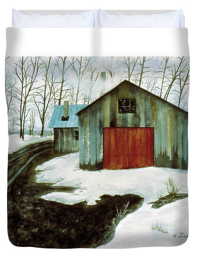 Cummington Farms Duvet Cover featuring the painting To the Sugar House by Karen Zuk Rosenblatt