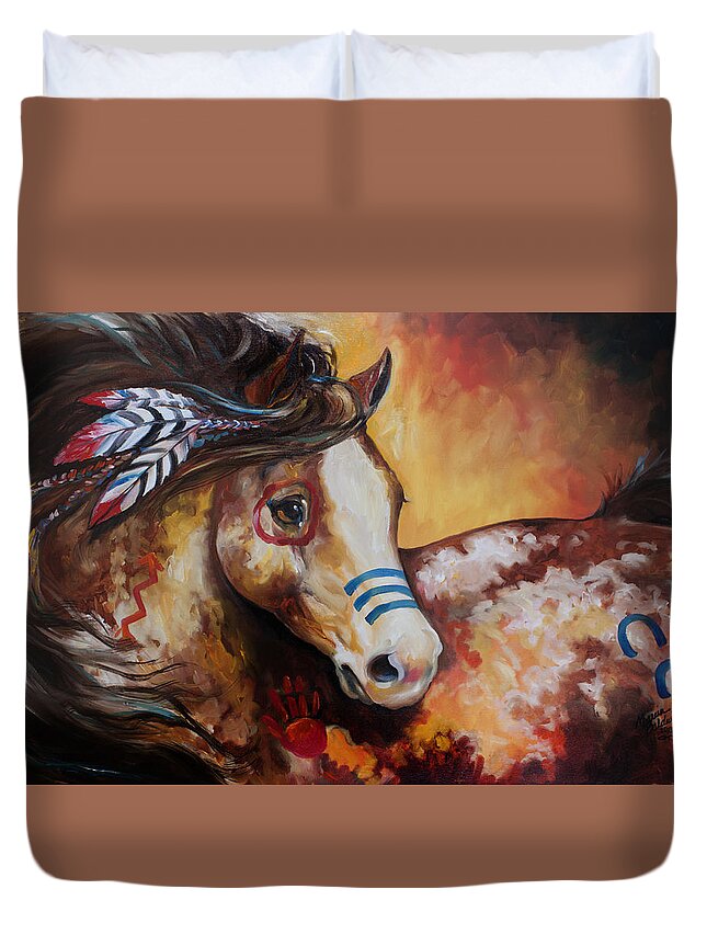 Horse Duvet Cover featuring the painting Tobiano Indian War Horse by Marcia Baldwin