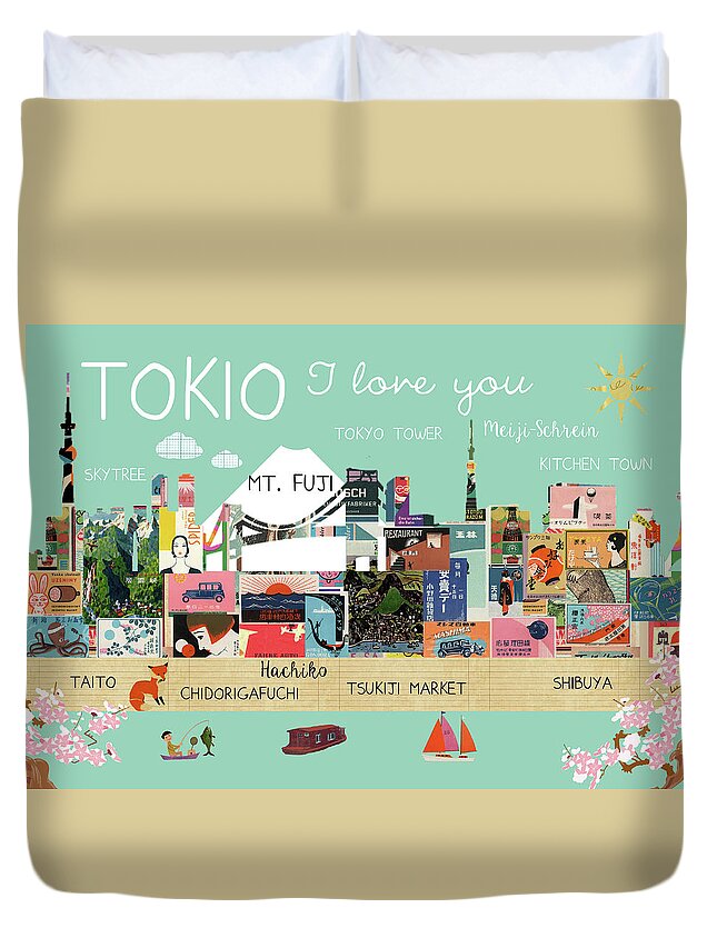 Tokio I Love You Duvet Cover featuring the mixed media Tokio I love you by Claudia Schoen