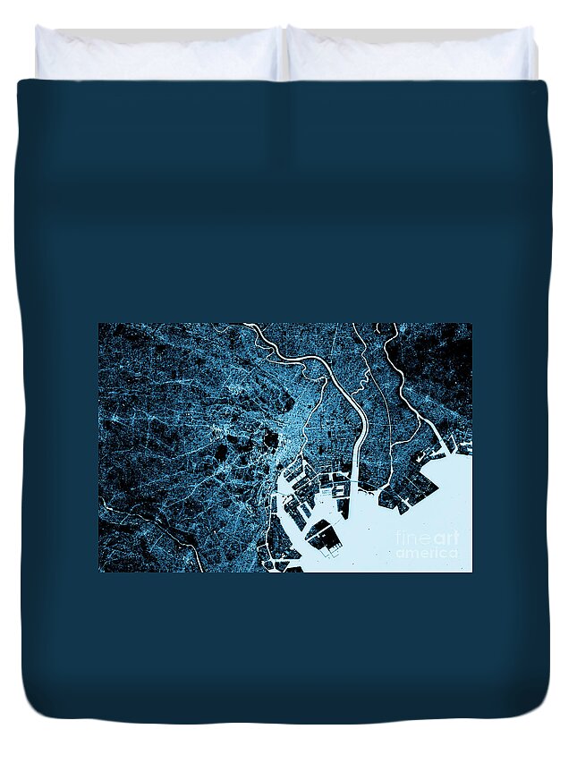 Tokyo Duvet Cover featuring the digital art Tokyo Abstract City Map Top View Dark by Frank Ramspott