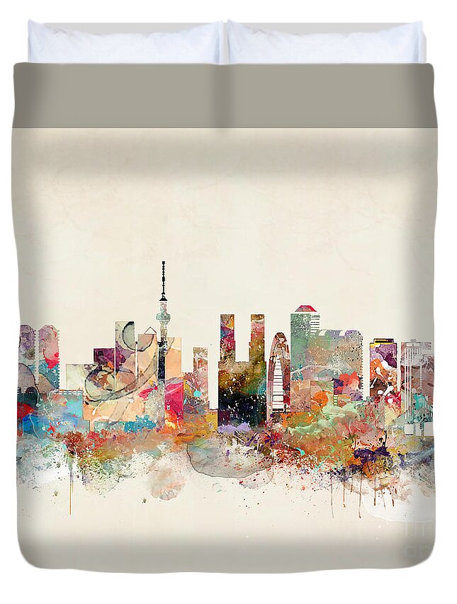 Tokyo City Skyline Duvet Cover featuring the painting Tokyo City Skyline by Bri Buckley
