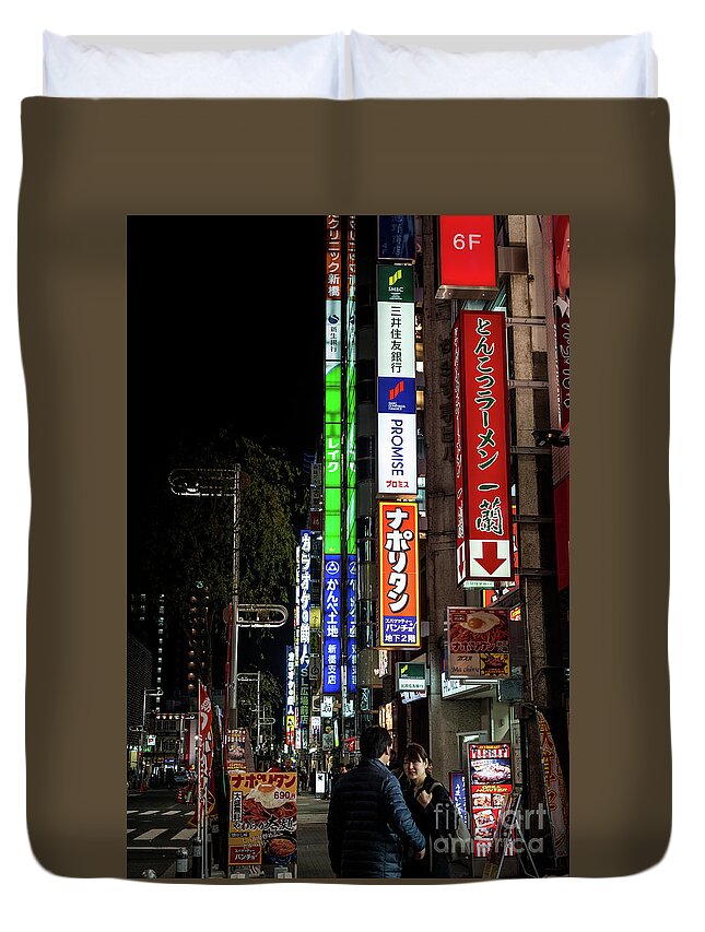 People Duvet Cover featuring the photograph Tokyo Neon, Japan by Perry Rodriguez