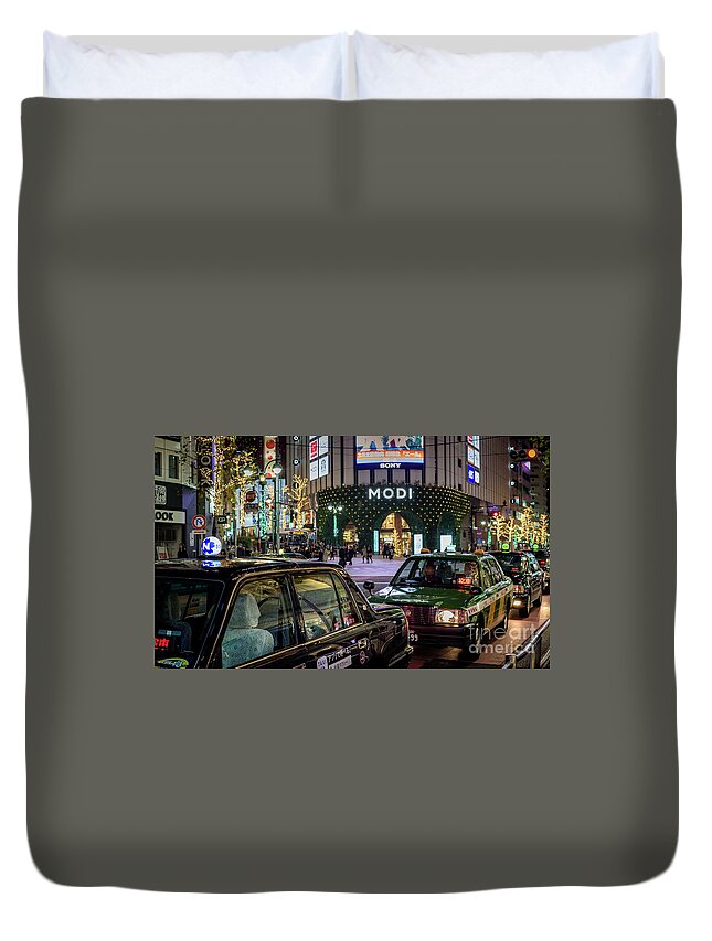 People Duvet Cover featuring the photograph Tokyo Taxis, Japan by Perry Rodriguez