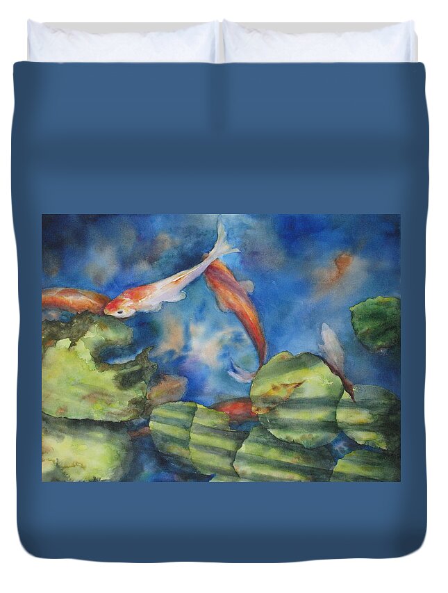 Koi Duvet Cover featuring the painting Tom's Pond by Mary McCullah