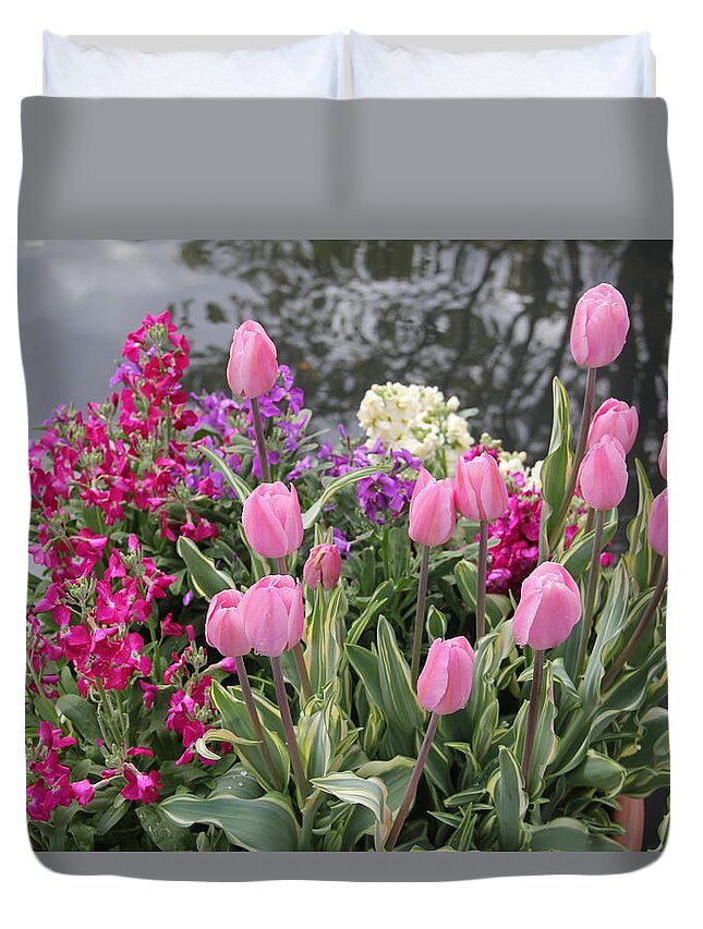 Pink Tulips Duvet Cover featuring the photograph Top View Planter by Allen Nice-Webb