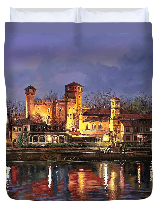 Castle Duvet Cover featuring the painting Torino-il borgo medioevale di notte by Guido Borelli