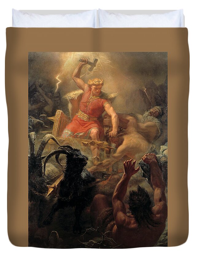 Swedish Art Duvet Cover featuring the painting Tor's Fight with the Giants by Marten Eskil Winge