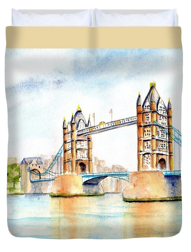 Bridge Duvet Cover featuring the painting Tower Bridge London by Carlin Blahnik CarlinArtWatercolor