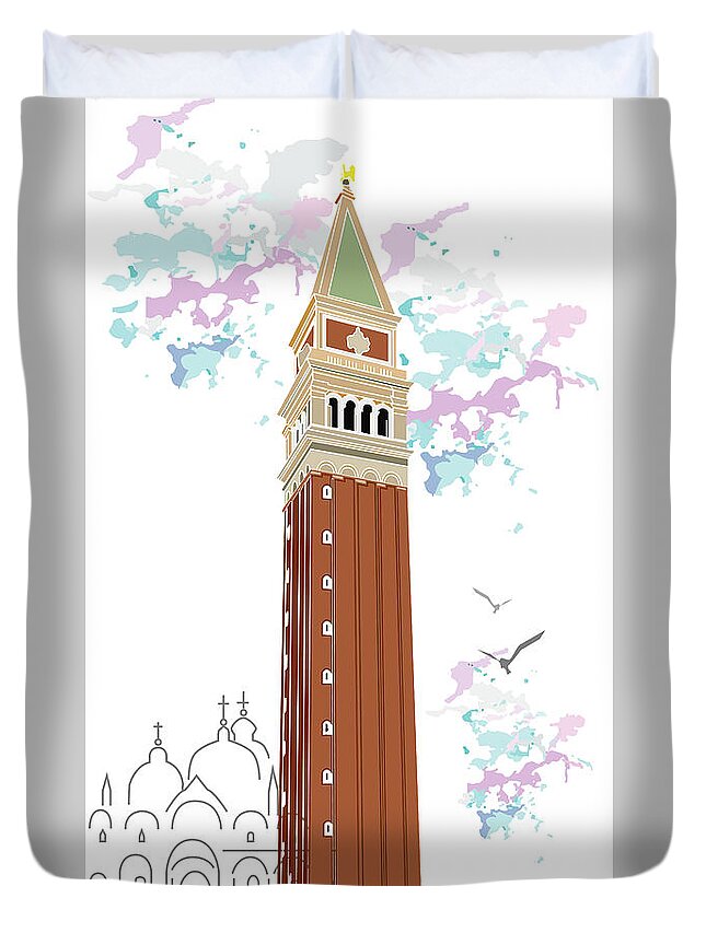 Tower Of Campanile In Venice By Marina Usmanskaya Duvet Cover featuring the digital art Tower of Campanile in Venice by Marina Usmanskaya