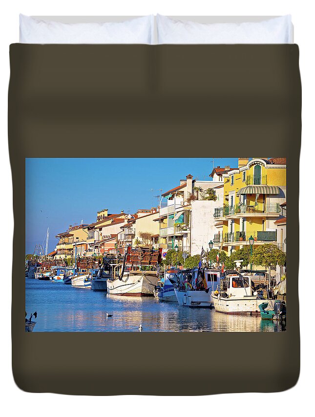 Grado Duvet Cover featuring the photograph Town of Grado channel and boats view by Brch Photography