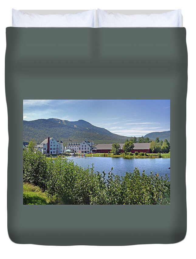 Waterville Valley Duvet Cover featuring the photograph Town Square by the Pond at Waterville Valley by Nancy Griswold