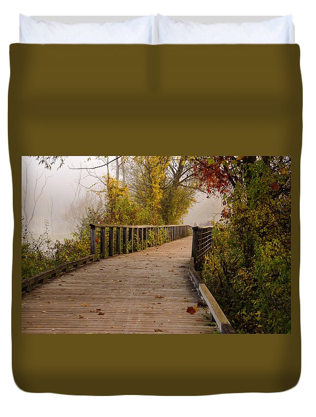 Sunrise Duvet Cover featuring the photograph Towpath Trail Boardwalk by Ann Bridges