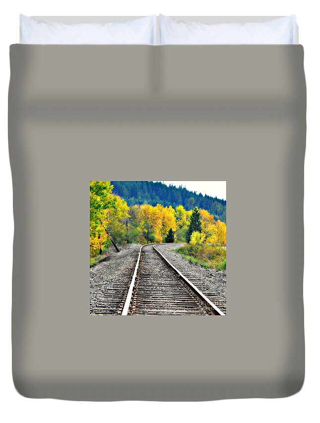 Railroad Tracks Duvet Cover featuring the photograph Tracks in Fall by Mindy Bench