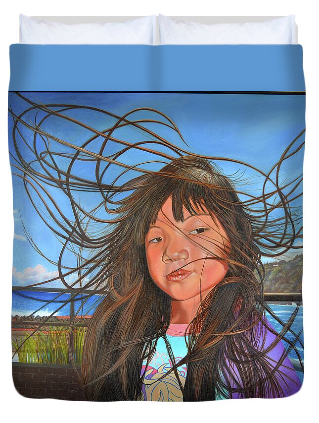 Wind Blown Hair Duvet Cover featuring the painting Trade wind day by Thu Nguyen