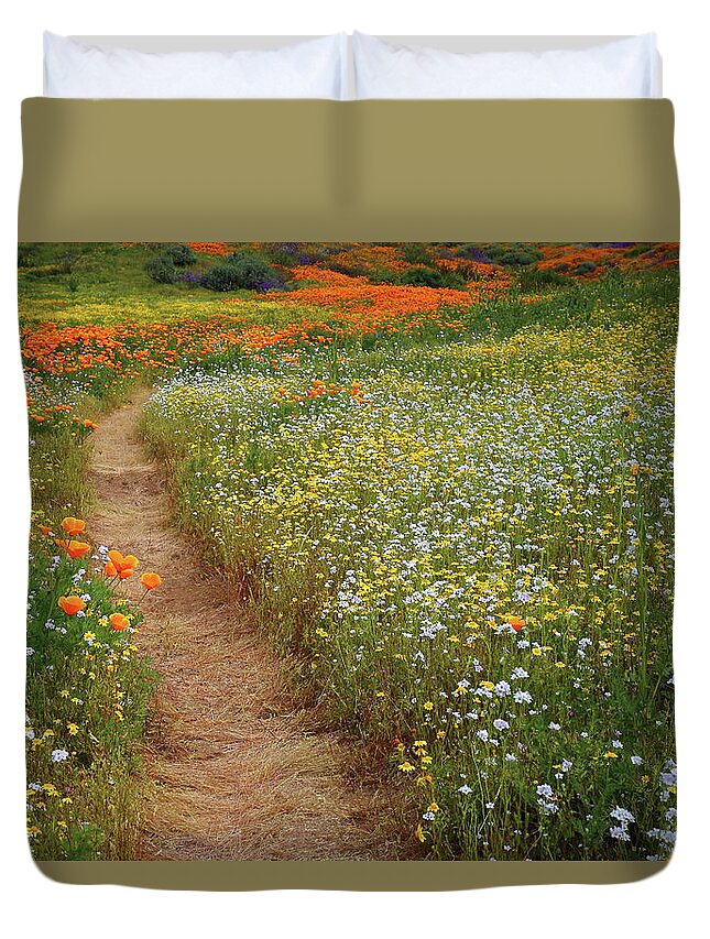 Wildflower Duvet Cover featuring the photograph Trail of wildflowers at Diamond Lake in California by Jetson Nguyen