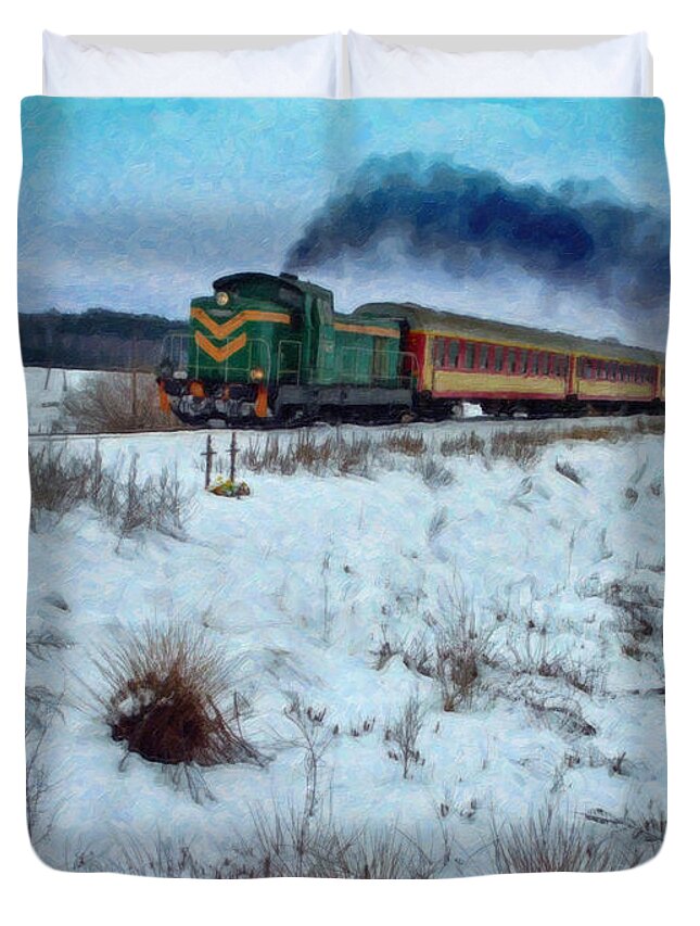 Dean Wittle Duvet Cover featuring the painting Train In Winter Landscape - POL109497 by Dean Wittle