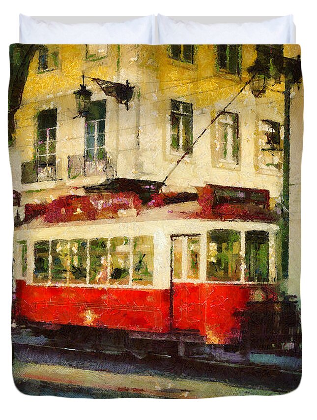 Painting Duvet Cover featuring the painting Tram in Lisbon by Dimitar Hristov