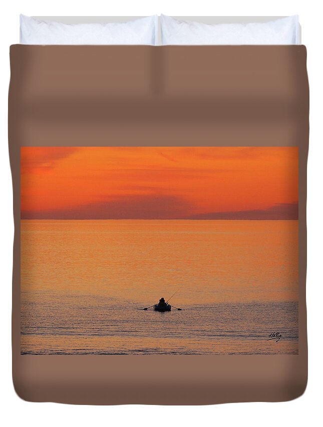 Fishing Row Boat Sea Ocean Peaceful Calm Sunset Red Sky Orange Silver Tranquil Silhouette Serene Duvet Cover featuring the photograph Tranquililty by Linda Hollis