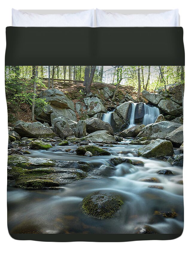 Trap Falls Ashby Ma Mass Massachusetts Island River Stream Brook Outside Outdoors Newengland New England U.s.a. Usa Nature Natural Trees Rocks Forest Secluded Brian Hale Brianhalephoto Longexposure Long Exposure Spring Duvet Cover featuring the photograph Trap Falls in Spring 3 by Brian Hale