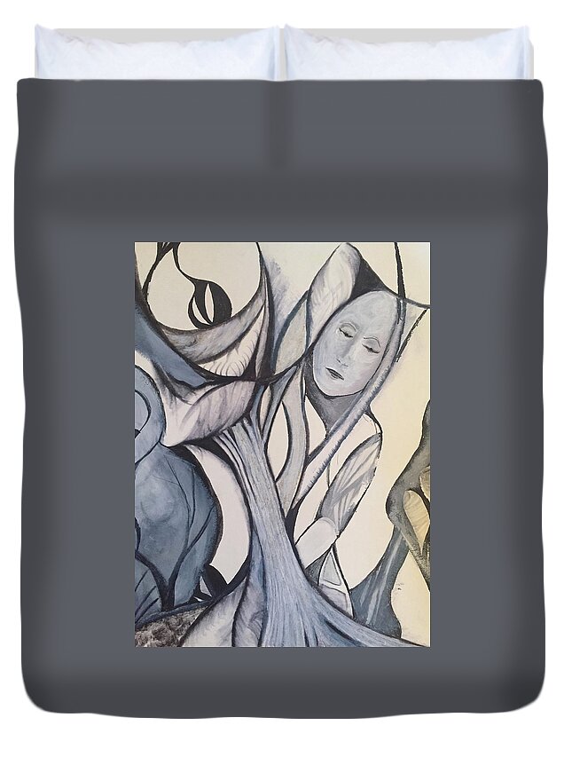 Contemporary Expressionist Drawing Duvet Cover featuring the drawing Tree Angel by Dennis Ellman