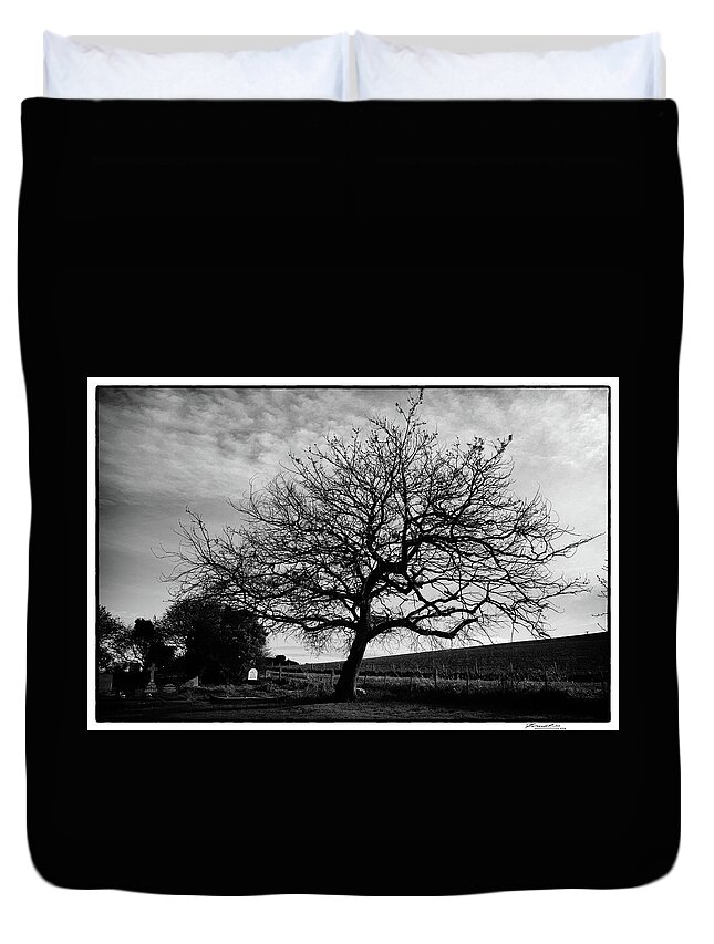 Landscape Duvet Cover featuring the photograph Tree in a country cemetery in winter by Frank Lee