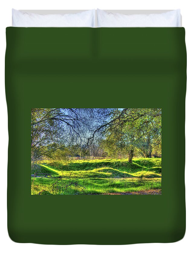 Hdr Duvet Cover featuring the photograph Tree Lined Meadow by Randy Wehner