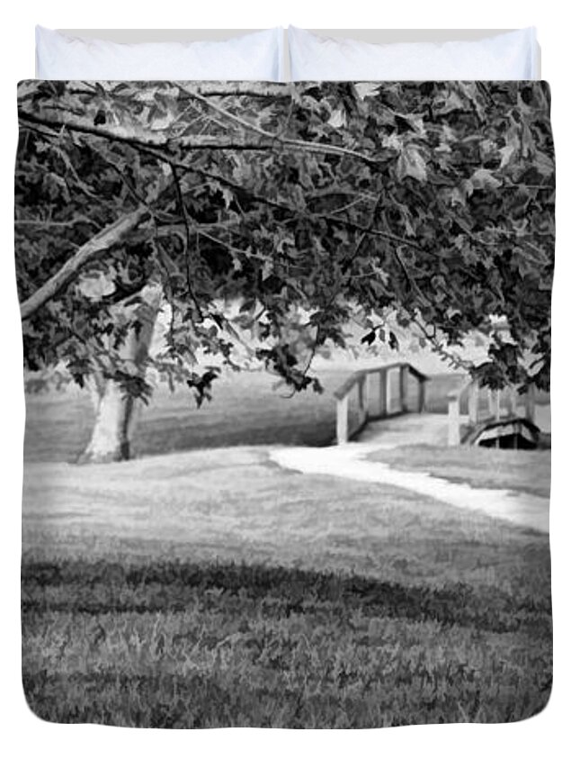 Greg Jackson Duvet Cover featuring the photograph Tree-lined Path to Footbridge - b/w by Greg Jackson