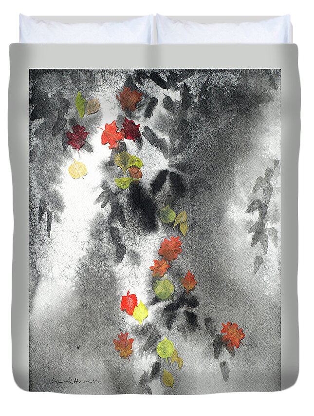 Watercolor Duvet Cover featuring the painting Tree Shadows and Fall Leaves by Lynn Hansen
