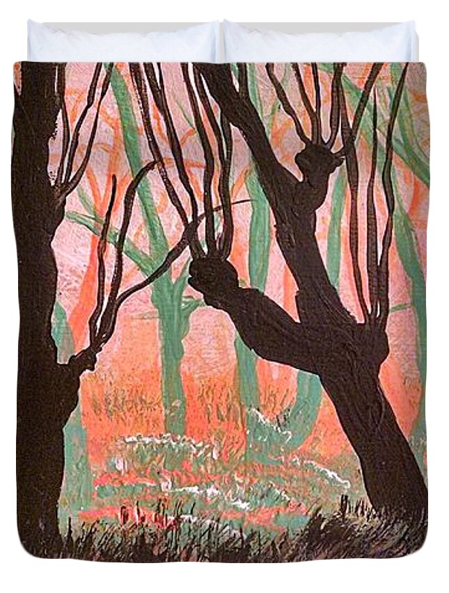  Duvet Cover featuring the painting Trees at Sunset by Barbra Kotovich