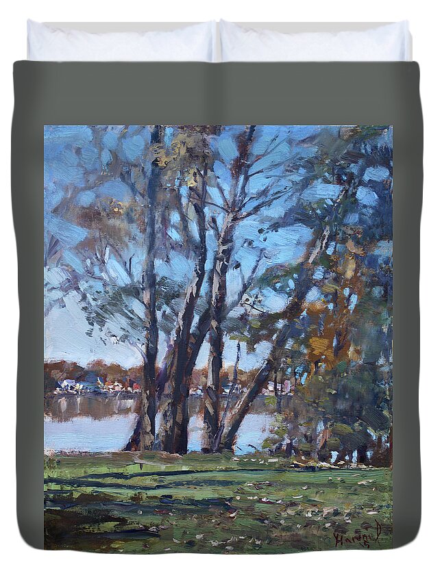 Trees Duvet Cover featuring the painting Trees by the River by Ylli Haruni