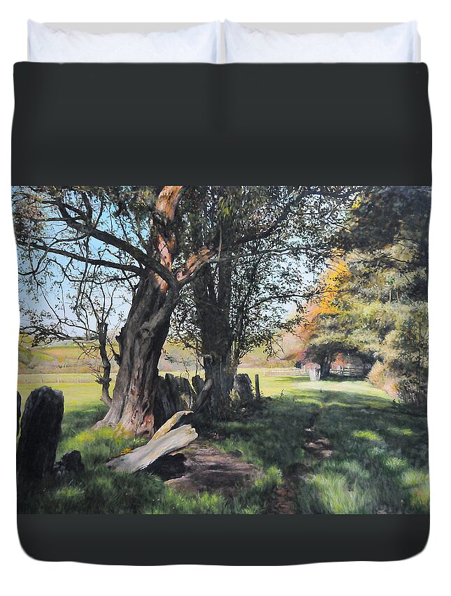 Landscape Duvet Cover featuring the painting Trees near Rhug. by Harry Robertson