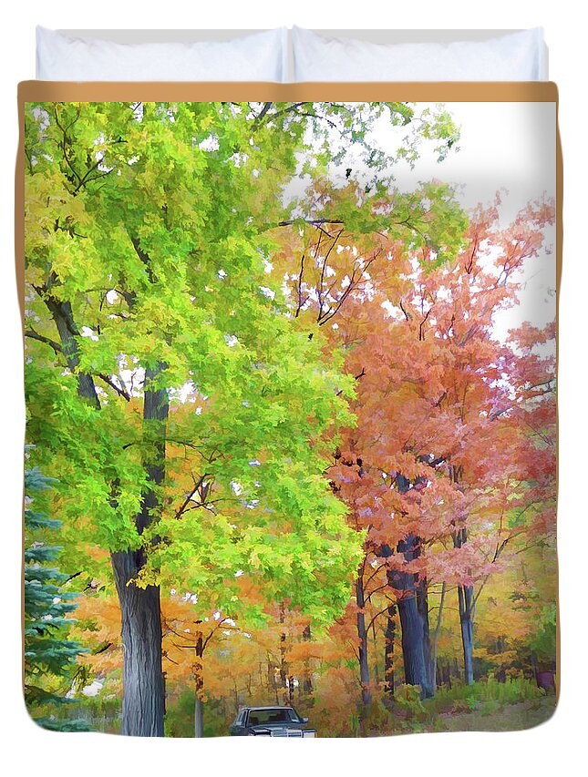 Trees With Fall Color Duvet Cover featuring the painting Trees with fall color 2 by Jeelan Clark