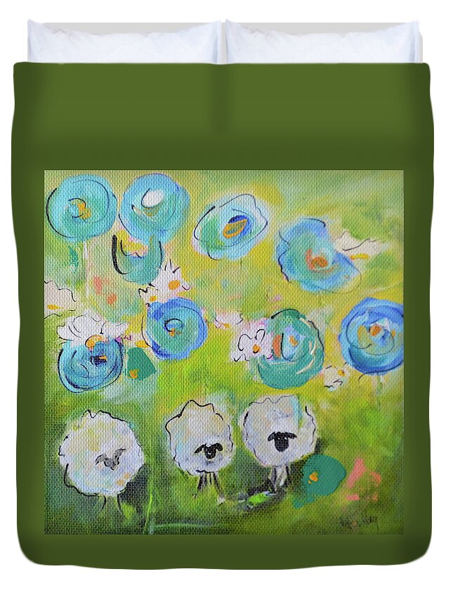 Blue Duvet Cover featuring the painting Tres Sheep by Teresa Tilley