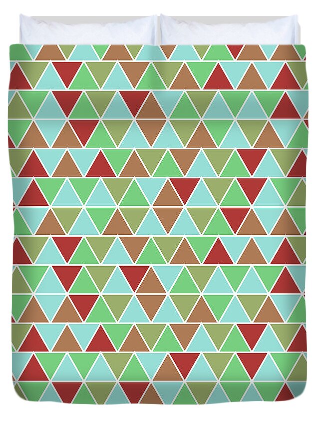 Pattern Duvet Cover featuring the mixed media Triangular Geometric Pattern - Blue, Green, Maroon, Brown by Studio Grafiikka