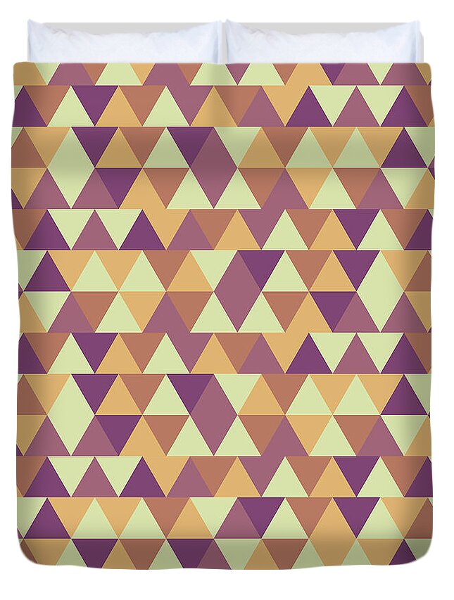 Pattern Duvet Cover featuring the mixed media Triangular Geometric Pattern - Warm Colors 10 by Studio Grafiikka