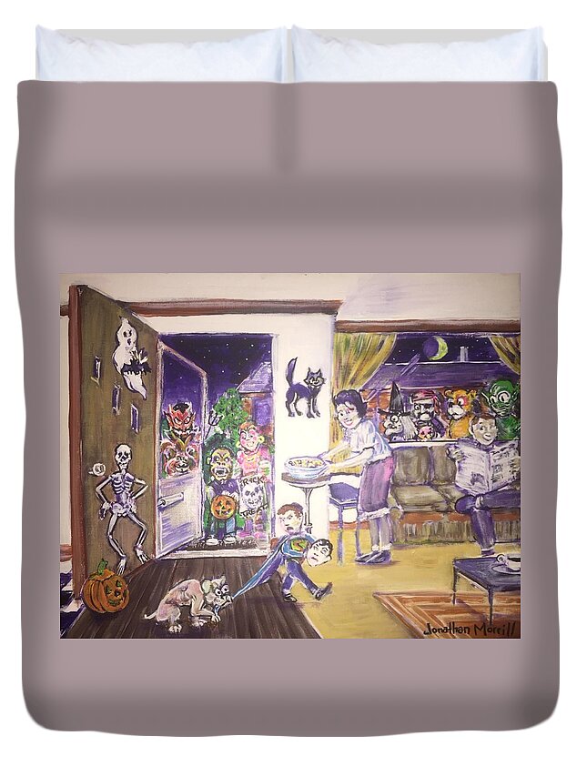 Skeleton Cat Alien Bear Pirates Witch Gypsy Gorilla Ghosts Superman Candy Pumpkins Jack O Lantern Halloween Trick Or Treat Devils 1960's Dogs Duvet Cover featuring the painting Trick or Treat on Exeter Street by Jonathan Morrill