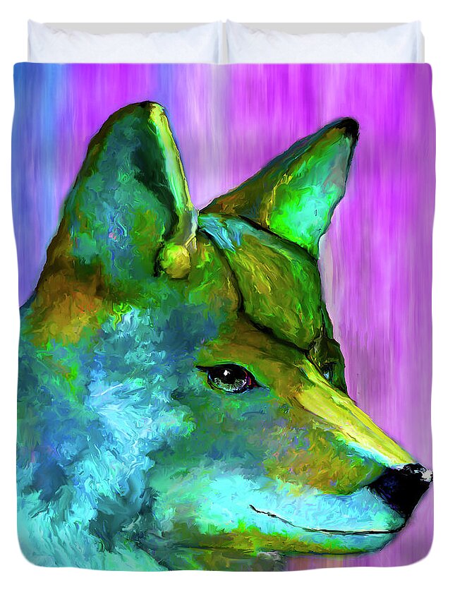 Coyote Duvet Cover featuring the painting Trickster Coyote by Rick Mosher